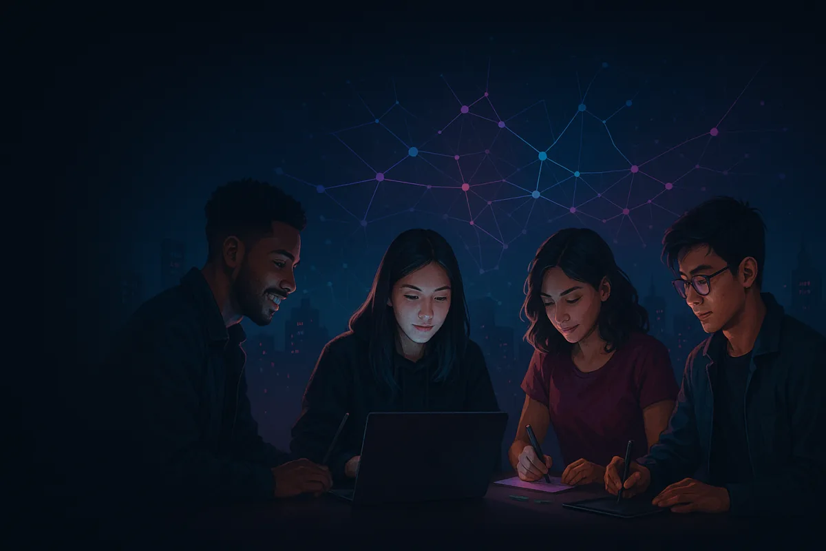 genclik.ai — gençlerin teknoloji ve işbirliği içinde olduğu karanlık arkaplanlı neon temalı görsel